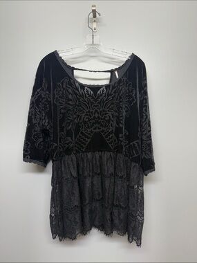 Free People Black Lace-Trim Long Sleeve Top